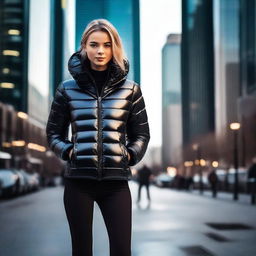 A stylish young woman wearing a tight, shiny black puffer jacket