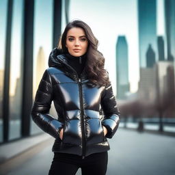 A stylish young woman wearing a tight, shiny black puffer jacket