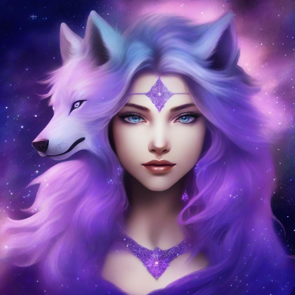 Create a fantasy art piece featuring a female astral genasi with purple shaggy wolf cut hair