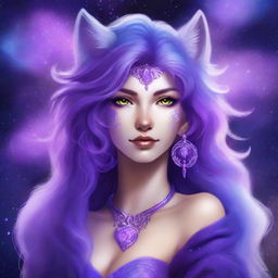 Create a fantasy art piece featuring a female astral genasi with purple shaggy wolf cut hair