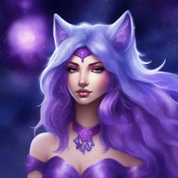 Create a fantasy art piece featuring a female astral genasi with purple shaggy wolf cut hair