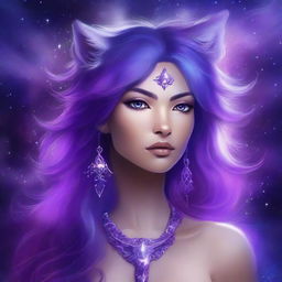 Create a fantasy art piece featuring a female astral genasi with purple shaggy wolf cut hair