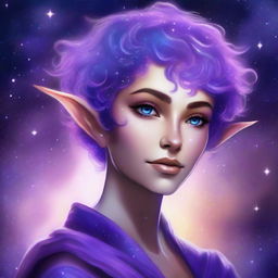 Create a fantasy art piece featuring a female astral elf genasi with curly purple pixie cut hair