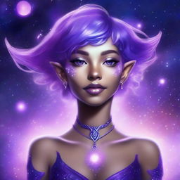 Create a fantasy art piece featuring a female astral elf genasi with curly purple pixie cut hair