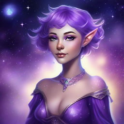 Create a fantasy art piece featuring a female astral elf genasi with curly purple pixie cut hair