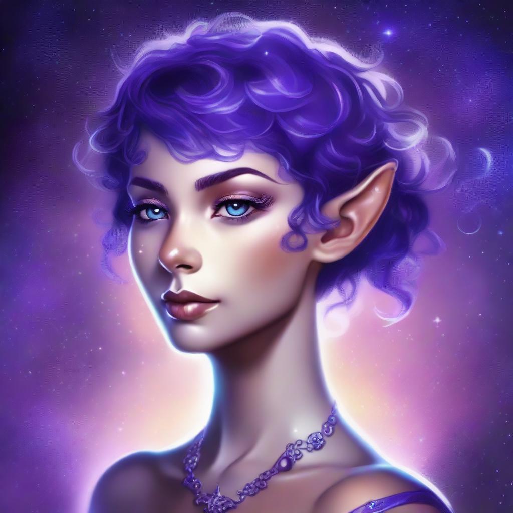 Create a fantasy art piece featuring a female astral elf genasi with curly purple pixie cut hair