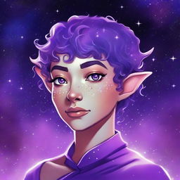 Create a graphic novel style art piece featuring a female astral elf genasi with curly purple pixie cut hair