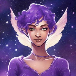 Create a graphic novel style art piece featuring a female astral elf genasi with curly purple pixie cut hair