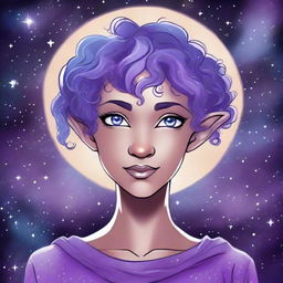 Create a graphic novel style art piece featuring a female astral elf genasi with curly purple pixie cut hair