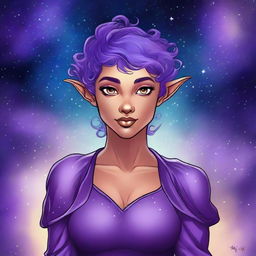 Create a graphic novel style art piece featuring a female astral elf genasi with curly purple pixie cut hair