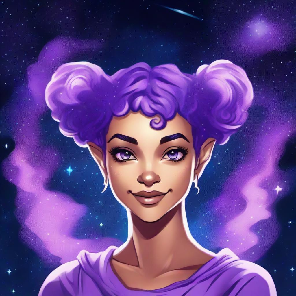 Create a graphic novel style art piece featuring a female astral elf genasi with curly purple pixie cut hair styled into space buns