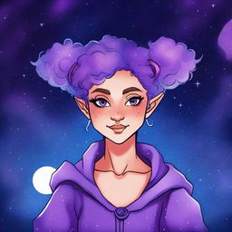 Create a graphic novel style art piece featuring a female astral elf genasi with curly purple pixie cut hair styled into space buns