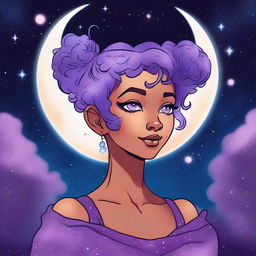 Create a graphic novel style art piece featuring a female astral elf genasi with curly purple pixie cut hair styled into space buns