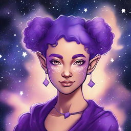 Create a graphic novel style art piece featuring a female astral elf genasi with curly purple pixie cut hair styled into space buns