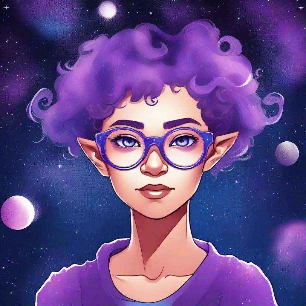 Create a graphic novel style art piece featuring a female astral elf genasi with curly purple pixie cut hair styled into space buns and wearing large round glasses