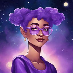 Create a graphic novel style art piece featuring a female astral elf genasi with curly purple pixie cut hair styled into space buns and wearing large round glasses