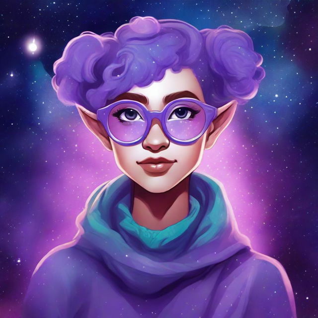 Create a graphic novel style art piece featuring a female astral elf genasi with curly purple pixie cut hair styled into space buns and wearing large round glasses