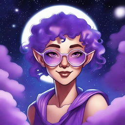 Create a graphic novel style art piece featuring a female astral elf genasi with curly purple pixie cut hair styled into space buns and wearing large round glasses