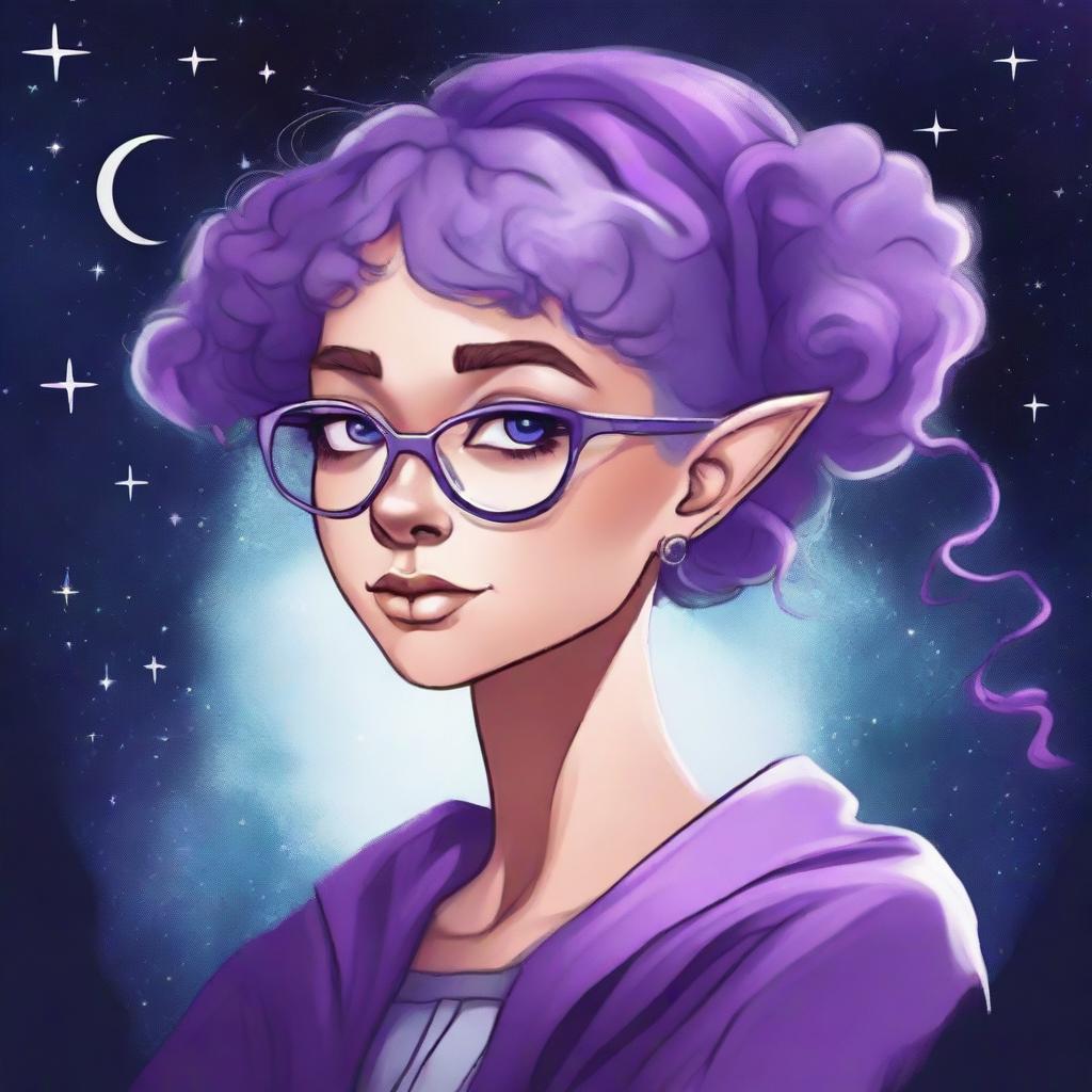 Create a graphic novel style art piece featuring a female astral elf genasi academic witch with curly purple pixie cut hair styled into space buns and wearing large round thin silver rim glasses