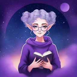 Create a graphic novel style art piece featuring a female astral elf genasi academic witch with curly purple pixie cut hair styled into space buns and wearing large round thin silver rim glasses