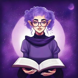 Create a graphic novel style art piece featuring a female astral elf genasi academic witch with curly purple pixie cut hair styled into space buns and wearing large round thin silver rim glasses