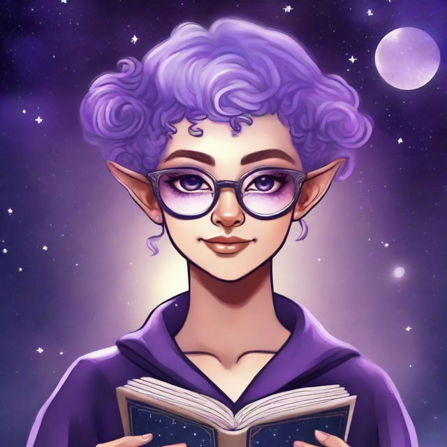 Create a graphic novel style art piece featuring a female astral elf genasi academic witch with curly purple pixie cut hair styled into space buns and wearing large round thin silver rim glasses