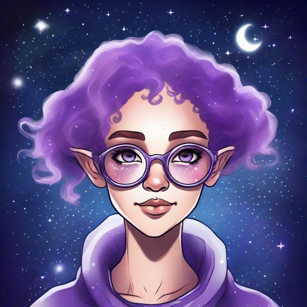 Create a graphic novel style art piece featuring a female astral elf genasi academic witch with curly purple pixie cut hair styled into space buns and wearing large round thin silver rim glasses