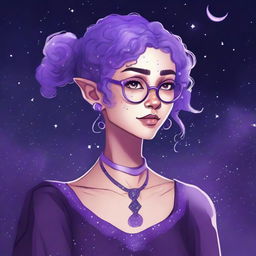 Create a graphic novel style art piece featuring a female astral elf genasi academic witch with curly purple pixie cut hair styled into space buns and wearing large round thin silver rim glasses