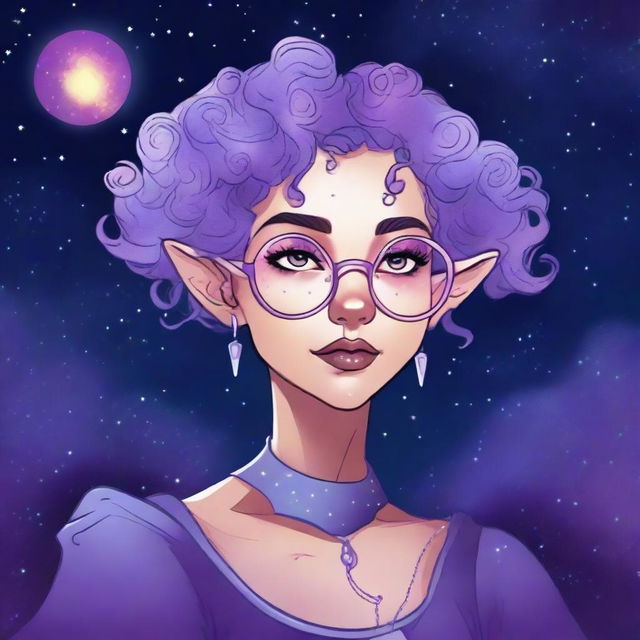 Create a graphic novel style art piece featuring a female astral elf genasi academic witch with curly purple pixie cut hair styled into space buns and wearing large round thin silver rim glasses