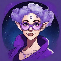 Create a graphic novel style art piece featuring a female astral elf genasi academic witch with curly purple pixie cut hair styled into space buns and wearing large round thin silver rim glasses