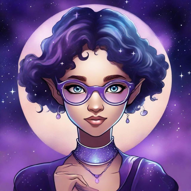 Create a graphic novel style art piece featuring a female astral elf genasi academic witch