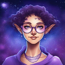 Create a graphic novel style art piece featuring a female astral elf genasi academic witch