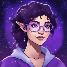 Create a graphic novel style art piece featuring a female astral elf genasi academic witch