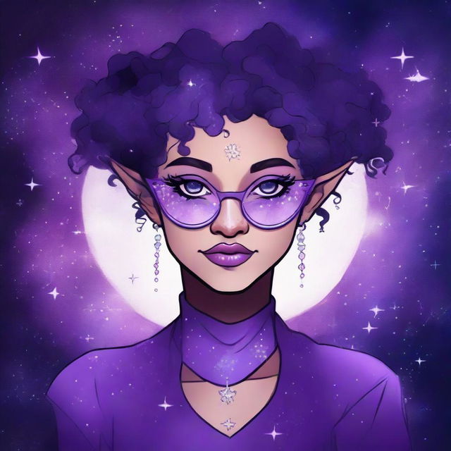 Create a graphic novel style art piece featuring a female astral elf genasi academic witch