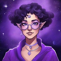 Create a graphic novel style art piece featuring a female astral elf genasi academic witch