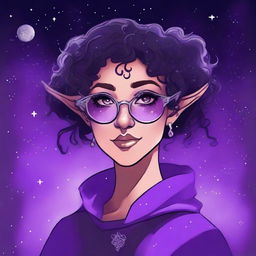 Create a graphic novel style art piece featuring a female astral elf genasi academic witch