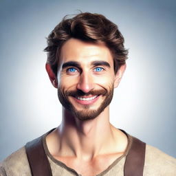 A young, incredibly handsome man with a bright, snow-white smile, of average height, slightly narrower shoulders than an average person but wider than elves