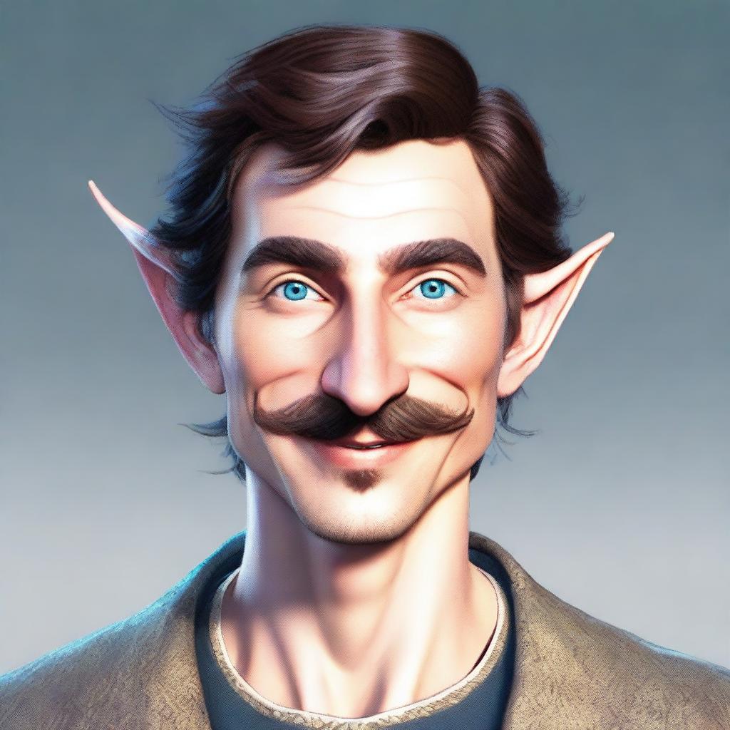 A young, incredibly handsome man with a bright, snow-white smile, of average height, slightly narrower shoulders than an average person but wider than elves