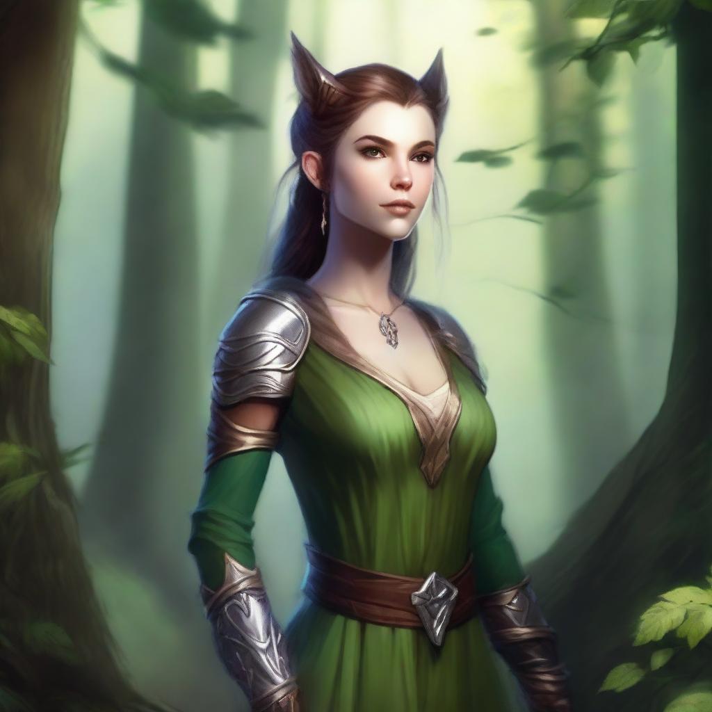 A beautiful half-elf character for Dungeons & Dragons, with elegant features, pointed ears, and wearing medieval fantasy attire