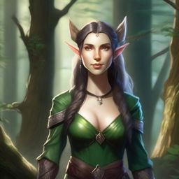 A beautiful half-elf character for Dungeons & Dragons, with elegant features, pointed ears, and wearing medieval fantasy attire