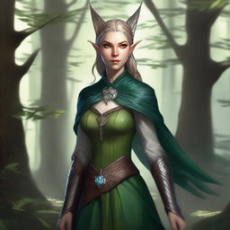 A beautiful half-elf character for Dungeons & Dragons, with elegant features, pointed ears, and wearing medieval fantasy attire