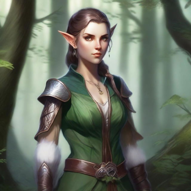 A beautiful half-elf character for Dungeons & Dragons, with elegant features, pointed ears, and wearing medieval fantasy attire