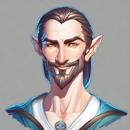 A half-elf character for Dungeons & Dragons with incredibly beautiful features, a bright white smile, of average height, slightly narrower shoulders than the average human but broader than elves