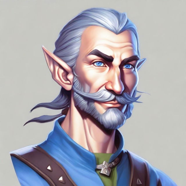 A half-elf character for Dungeons & Dragons with incredibly beautiful features, a bright white smile, of average height, slightly narrower shoulders than the average human but broader than elves