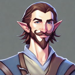 A young half-elf character for Dungeons & Dragons with incredibly beautiful features, a bright white smile, of average height, slightly narrower shoulders than the average human but broader than elves