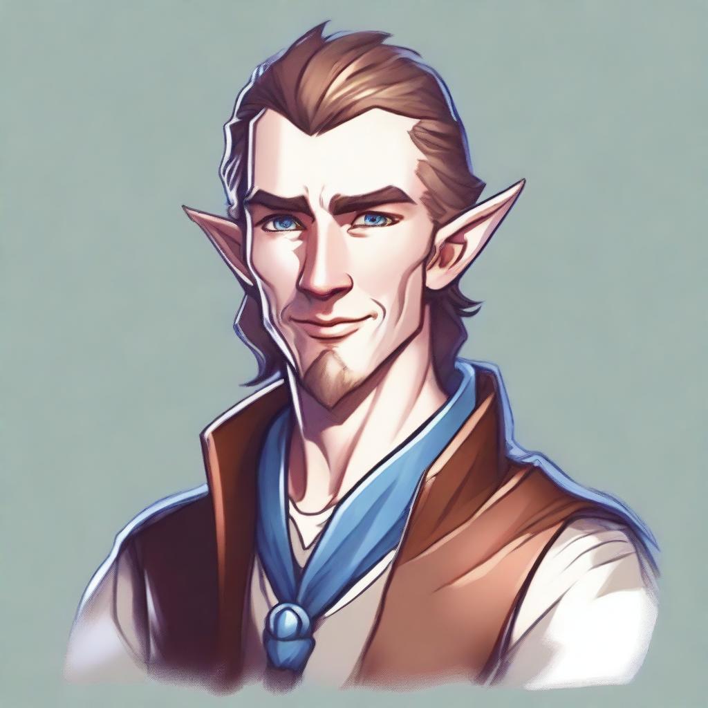 A young half-elf character for Dungeons & Dragons with incredibly beautiful features, a bright white smile, of average height, slightly narrower shoulders than the average human but broader than elves