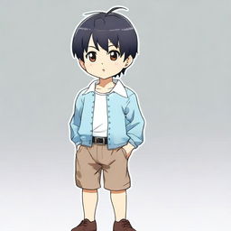 A young baldo with short black bob hair, hazel eyes, and a shapely form, dressed like a boy