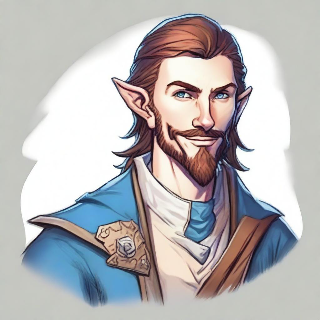 A young half-elf character for Dungeons & Dragons with incredibly beautiful features, a bright white smile, of average height, slightly narrower shoulders than the average human but broader than elves