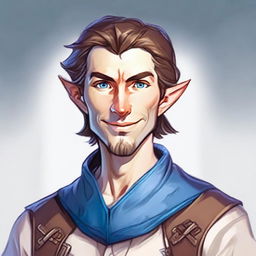 A young half-elf character for Dungeons & Dragons with incredibly beautiful features, a bright white smile, of average height, slightly narrower shoulders than the average human but broader than elves