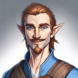 A young half-elf character for Dungeons & Dragons with incredibly beautiful features, a bright white smile, of average height, slightly narrower shoulders than the average human but broader than elves